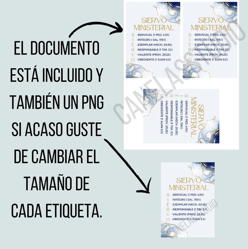 K&ouml;nnte beinhalten: Bedruckte Karten mit dem Text "SIERVO MINISTERIAL" und Bibelstellen, mit einem blau-goldenen Aquarelldesign. Der spanische Text lautet: "EL DOCUMENTO EST&Aacute; INCLUIDO Y TAMBI&Eacute;N UN PNG SI ACASO GUSTE DE CAMBIAR EL TAMA&Ntilde;O DE CADA ETIQUETA."