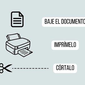 K&ouml;nnte beinhalten: Eine Illustration mit einem Dokumentensymbol, einem Drucker und einer Schere. Der Text enth&auml;lt "BAJE EL DOCUMENTO", "IMPR&Iacute;MELO" und "C&Oacute;RTALO" auf hellblauem Hintergrund. Das Bild ist eine Schritt-f&uuml;r-Schritt-Anleitung.
