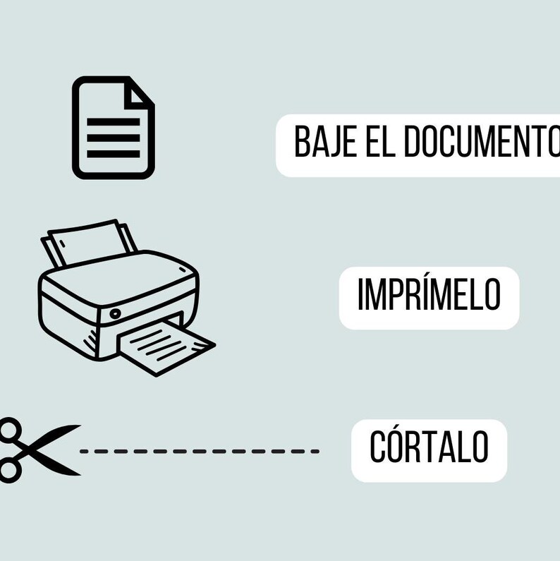 K&ouml;nnte beinhalten: Eine Illustration mit einem Dokumentensymbol, einem Drucker und einer Schere. Der Text enth&auml;lt "BAJE EL DOCUMENTO", "IMPR&Iacute;MELO" und "C&Oacute;RTALO" auf hellblauem Hintergrund. Das Bild ist eine Schritt-f&uuml;r-Schritt-Anleitung.