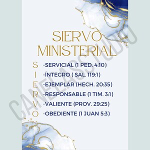 K&ouml;nnte beinhalten: Ein vertikales Poster mit einem hellblauen und goldenen Aquarelldesign. Der Text "SIERVO MINISTERIAL" steht oben, darunter eine Liste von W&ouml;rtern und Bibelversen. Die W&ouml;rter sind: Servicial, &Iacute;ntegro, Ejemplar, Responsable, Valiente und Obediente.