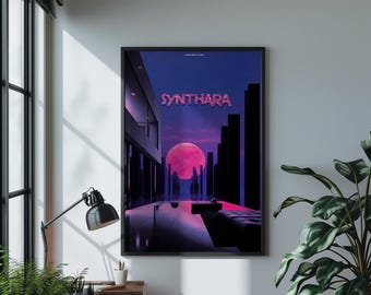 Synthwave Neon Dream – Retro Futuristisk Cyberpunk Väggkonsttryck Retro Futurism Väggkonst – Rosa Månen Synthwave Dreamscape