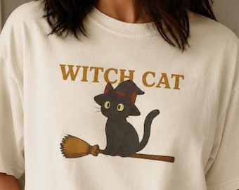 Hexen-Katzen-Shirt, schwarze Katzen-Halloween-T-Shirt, skurrile Kitty-Komfortfarben