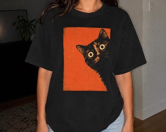 Camiseta de gato carey, camiseta cómoda de colores con estampado de gato carey curioso