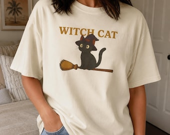 Witch Cat Shirt, Black Cat Halloween Tee, Whinsical Kitty Comfort Colors