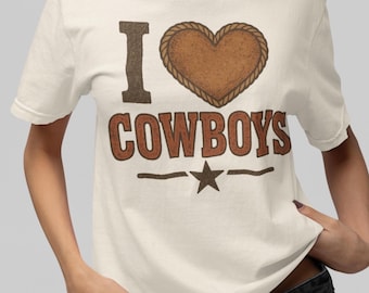 Camiseta "I Love Cowboys" / Camiseta vintage de vaquera occidental con corazón de cuerda, unisex, colores cómodos