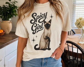 Camiseta con estampado de gato siamés "Spicy Girl", camiseta para mamás de gatos de Comfort Colors