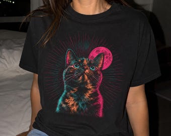 Camiseta de gato carey, camiseta de gato carey con luna neón