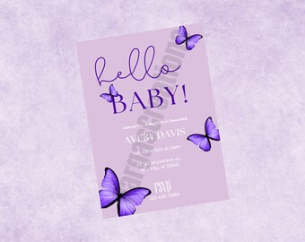 Lavender Butterfly Baby shower, Digital Baby shower invitation template, Edit in Canva