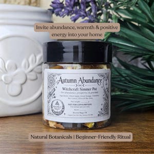 Peut inclure: Un pot en plastique transparent avec un couvercle noir contenant des plantes séchées. L'étiquette indique Autumn Abundance Witchcraft Simmer Pot, avec des ingrédients comme pomme, orange, cannelle, laurier, clous de girofle et badiane. Texte : NOT FOR CONSUMPTION.