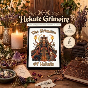 May include: A digital tablet displaying a Hekate Grimoire cover illustration featuring a three-headed figure holding torches, a snake, and a key, flanked by a black dog and an owl, with the text The Grimoire Of Hekate and Hekate Grimoire.