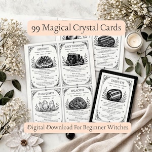 Puede incluir: Un conjunto de 99 tarjetas de cristales mágicos con ilustraciones en blanco y negro de amatista, turmalina negra, cuarzo transparente, malaquita y ojo de tigre. Cada tarjeta incluye usos tradicionales, formas de uso e instrucciones de cuidado.