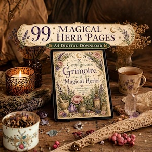 May include: A digital tablet displays a book cover titled The Cottagecore Grimoire of Magical Herbs, featuring botanical illustrations, a mortar and pestle, and glass bottles. Above, a banner reads 99 Magical Herb Pages A4 Digital Download.