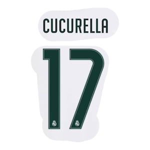 May include: A white sports jersey decal featuring the name CUCURELLA in dark green capital letters above the number 17. The number 17 is rendered in a large dark green font with a thin outline and a small circular team logo at the base of each digit.