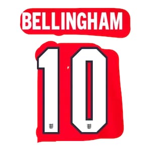 May include: A red graphic featuring the name "BELLINGHAM" in white block letters above the number "10". The number is white with a black outline, set against a red background. The English flag is at the bottom of the number.