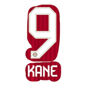 Könnte beinhalten: Eine rot-weiße Grafik mit der Nummer 9 und dem Namen KANE. Die 9 ist weiß mit goldenem Rand, vor einem rot gestreiften Hintergrund. Der Name KANE steht in weißen Buchstaben auf rotem Grund.