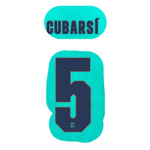 May include: A turquoise sports jersey patch featuring the name CUBARSÍ in dark blue capital letters above a large dark blue number 5. The number 5 has a subtle dotted texture and a thin dark red outline, set against a bright turquoise background.
