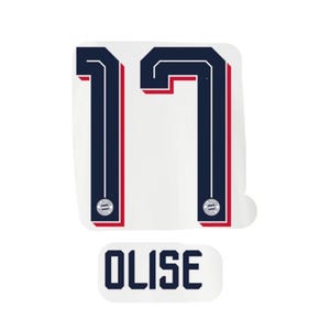 Pode incluir: Um decalque para camisola desportiva com o número 17 em azul marinho escuro com um contorno vermelho e um pequeno logótipo circular da equipa na base de cada dígito. Abaixo, um remendo retangular branco exibe o nome OLISE em azul marinho.