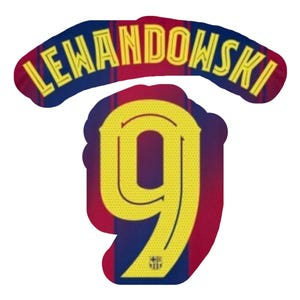 May include: A graphic featuring the name "LEWANDOWSKI" in yellow text on a blue and red arched background. Below is a large yellow number "9" with a blue and red outline, resembling a football jersey.