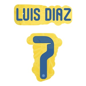 May include: Two yellow and blue stickers. The top sticker reads "LUIS DIAZ" in blue block letters. The bottom sticker is shaped like the number 7 in blue, with a yellow outline. The number 7 has a blue mesh design.