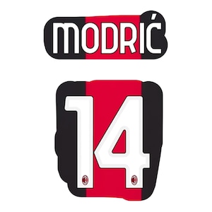 Pode incluir: Um gráfico de camisola desportiva com o nome MODRIĆ em letras brancas sobre um fundo preto e vermelho, posicionado acima de um grande número 14 branco com um pequeno emblema circular vermelho e preto na base de cada dígito num painel vermelho e preto.