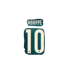 May include: A dark teal sports jersey graphic featuring the name MBAPPÉ in white capital letters above the number 10. The number 10 is rendered in a large white font with a thin outline and a small circular team logo at the base of each digit.