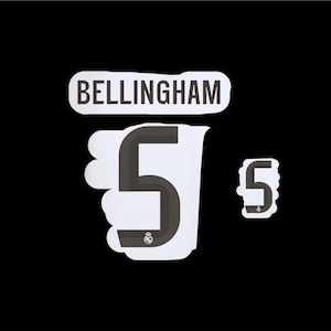 May include: White stickers featuring the name "BELLINGHAM" and the number "5" in black. The number "5" is shown in two sizes, with a small emblem at the bottom. The background is plain black.