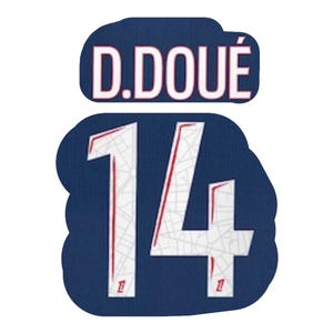 May include: A blue and white jersey with the number 14 and the name "D.DOUÉ" in white letters.
