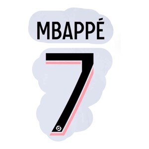 May include: A graphic design featuring the name "MBAPPÉ" in black text above the number "7". The number is black with a pink outline and a small logo at the bottom. The design is set against a light blue, cloud-shaped background.
