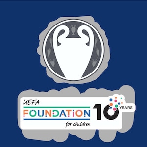 May include: A dark blue graphic featuring the UEFA Foundation logo and a Champions League trophy illustration. The text reads "UEFA FOUNDATION for children 10 YEARS". The design is a celebration of 10 years.