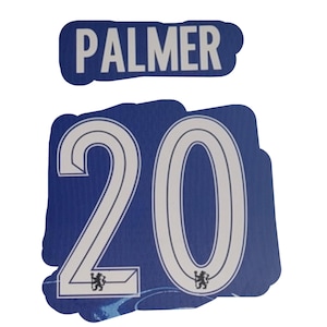 Könnte beinhalten: Blau-weißes Sport-Themen-Aufkleber-Set. Das Set enthält einen Aufkleber mit dem Namen "PALMER" in weißen Buchstaben auf blauem Hintergrund und einen größeren Aufkleber mit der weißen Zahl "20" auf blauem Hintergrund.