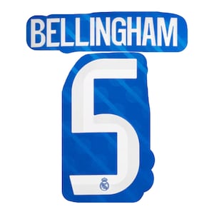 May include: A blue and white graphic featuring the name "BELLINGHAM" above the number "5". The number is white with a blue outline and a small emblem at the bottom. The background is a textured blue.