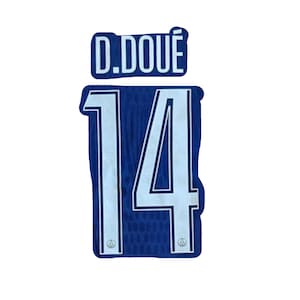 May include: A blue and white sports jersey patch featuring the name "D. DOUÉ" above the number "14". The number is in a large, bold font. The patch has a blue background with a subtle pattern.