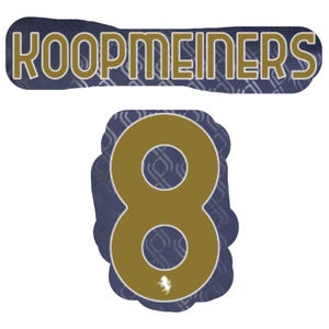 May include: Gold and blue jersey patch with the text "KOOPMEINERS" and the number "8" in the centre.