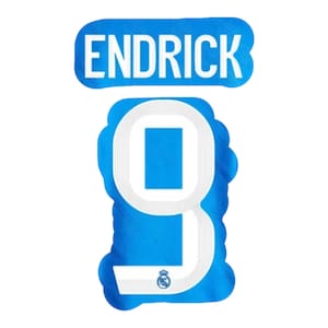Può includere: Grafica blu e bianca con il nome "ENDRICK" sopra un numero "9" stilizzato con un design a stadio. Il design include il logo del Real Madrid.