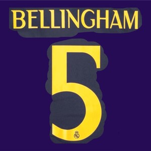 May include: A navy blue graphic with the name "BELLINGHAM" in yellow block letters above a large yellow number "5". The number has a navy blue outline and a small emblem at the bottom. The background is a solid navy blue.
