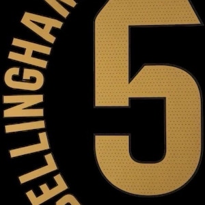 May include: A gold number 5 with a dotted texture, set against a black background. The word "BELLINGHAM" is arched above the number in gold. Ideal for sports-themed items, the design is simple and striking.
