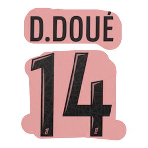 May include: A pink sticker featuring the name "D. DOUÉ" in black, above the number "14". The number is in a bold, stylized font with a textured pattern. The sticker has a rounded edge.