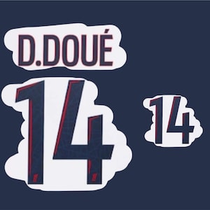 May include: Image shows the name "D. DOUÉ" and the number "14" in navy blue with a red outline, on a white background. A smaller "14" is also present. The background is a solid navy blue.