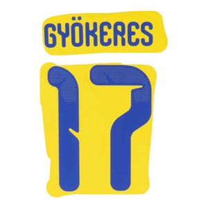 May include: Yellow and blue heat transfer material with the name "GYÖKERES" above the number "17". The number and name are in blue, with a dotted pattern on the number. The background is yellow.