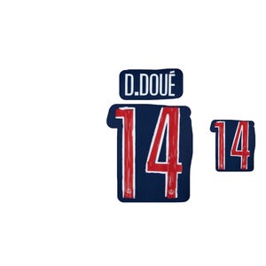 May include: Navy blue and red number 14 graphic with the name "D. DOUÉ" above it. The number 14 is repeated in a smaller size. The graphics have a distressed, vintage look.