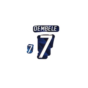 May include: A white background with three blue and white elements. The word "DEMBELE" is in a blue and white pattern. There are two white number 7s with a blue and white pattern. One is small and the other is large.