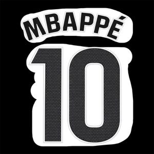 May include: A black and white sticker featuring the name "MBAPPE" above the number "10". The number is in a bold, dotted pattern, outlined in white. The background is solid black.