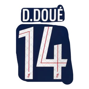 May include: A navy blue graphic featuring the name "D. DOUÉ" above the number "14" in white. The number has red accents and a textured pattern. This design is likely for a sports jersey or fan apparel.