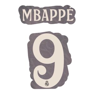 May include: A white number "9" with a gray background and a small white crest in the center. The text "MBAPPE" is above the number in a white banner with a gray background.