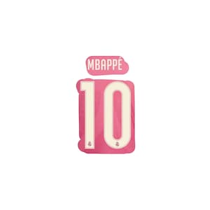 May include: A pink sports jersey decal featuring the name MBAPPÉ in white capital letters above the number 10. The number 10 is rendered in a large, bold white font with a small, circular emblem visible at the base of each digit.