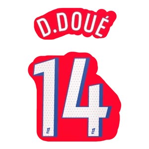 May include: A red graphic featuring the name "D. DOUÉ" in white, above the number "14". The number is white with blue trim and a dotted pattern, set against a red background. A small logo is at the base of the number.