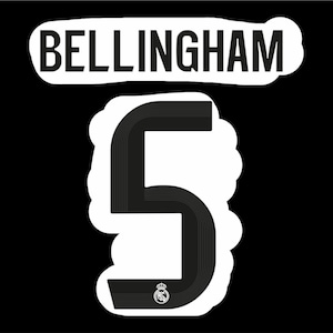 May include: A graphic design on a black background, featuring the name "BELLINGHAM" above the number "5". The number is black with a textured effect and a small emblem. The text is in white.