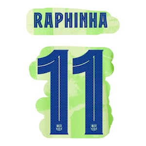 May include: Green and blue football shirt number with the name "Raphinha" above it.