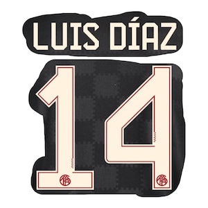 May include: A black and cream-colored graphic featuring the name "LUIS DÍAZ" above the number "14". The number is cream-colored with a red outline, set against a dark gray, textured background. The design includes a logo at the bottom of the number.