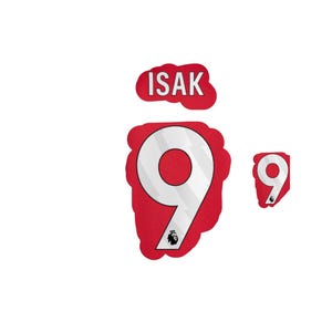 Può includere: Ritagli in vinile a trasferimento termico rossi e bianchi con il nome "ISAK" e il numero "9". Il numero "9" è disponibile in formato grande, medio e piccolo. Il logo della Premier League si trova nella parte inferiore del numero "9".